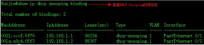 查看DHCP Snooping表 — 接入/汇聚交换机配置